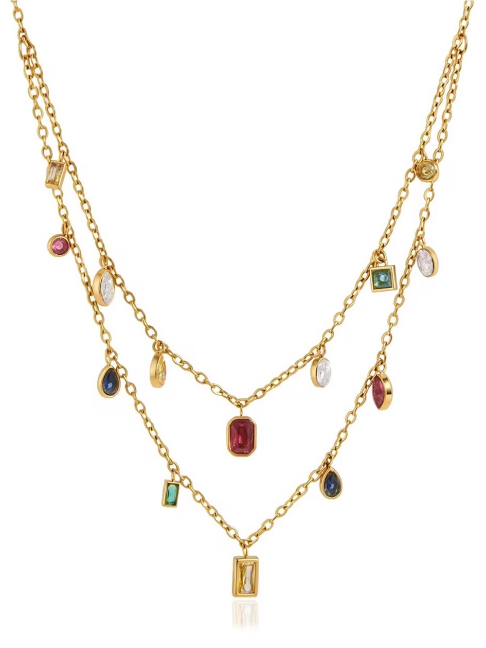 18K Gold Plated Multicolor Cubic Zirconia Layered Charm Necklace